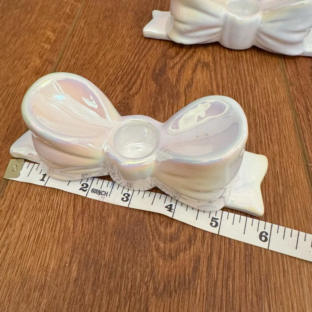Ceramic Iridescent Bow Taper Candle Holders‎ - Set of 2 New! Holiday Decor Girly
